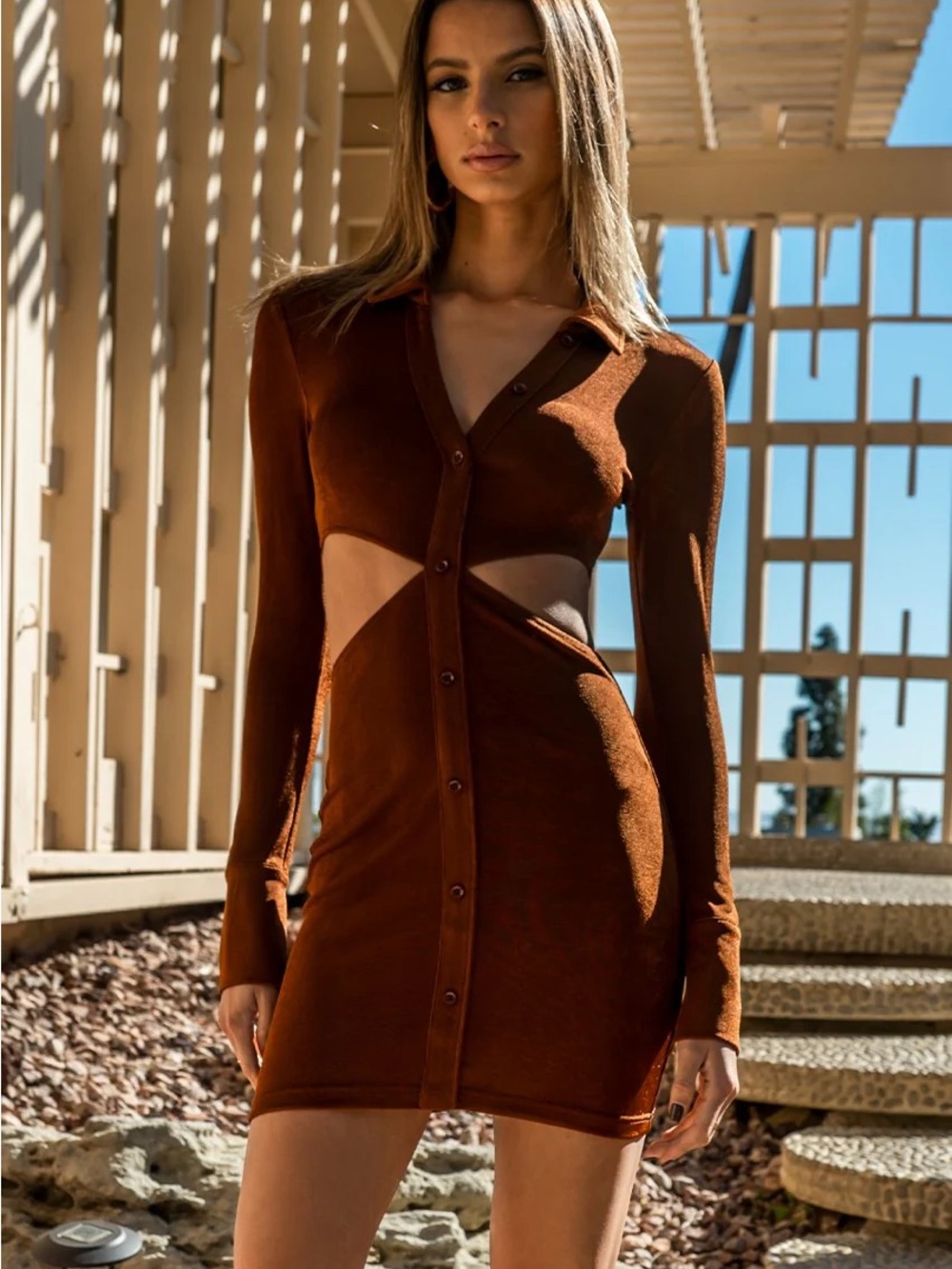 Button-Front Cutout Mini Dress in Brown